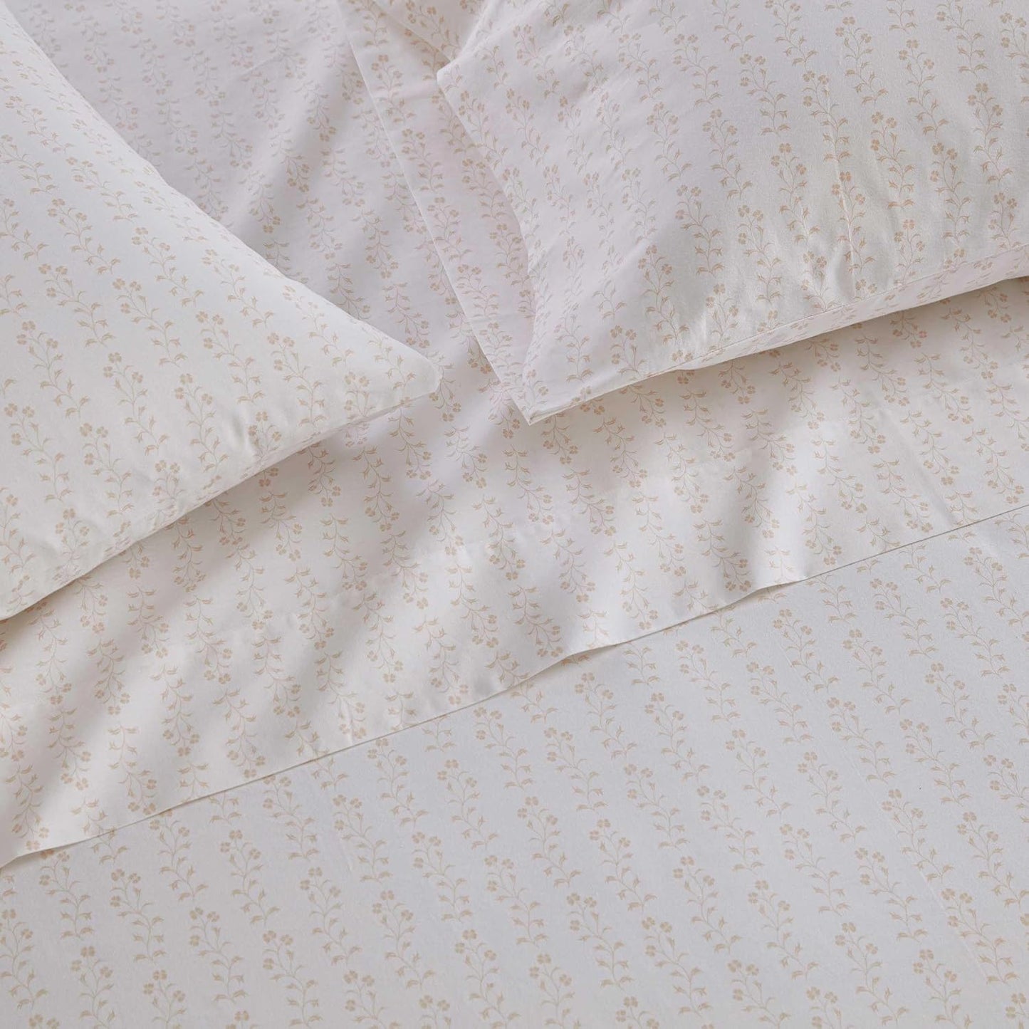 Martha Stewart - Queen Size Sheets Set, Crisp & Tailored Cooling Sheets w/a Naturally Smooth Cotton Percale Lightweight Feel - Bed Sheets with Matching Pillowcases & Fitted Sheet (Ditsy Vine Pink)