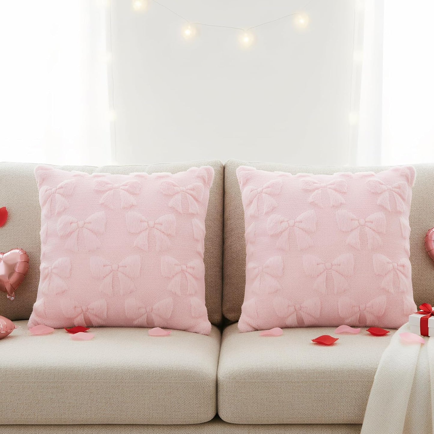 phnydreg Pack of 2 Pink Bow Throw Couch Pillow Covers 18x18in Plush Faux Fabric Pillowcases for Living Room Couch Bed Sofa Decor