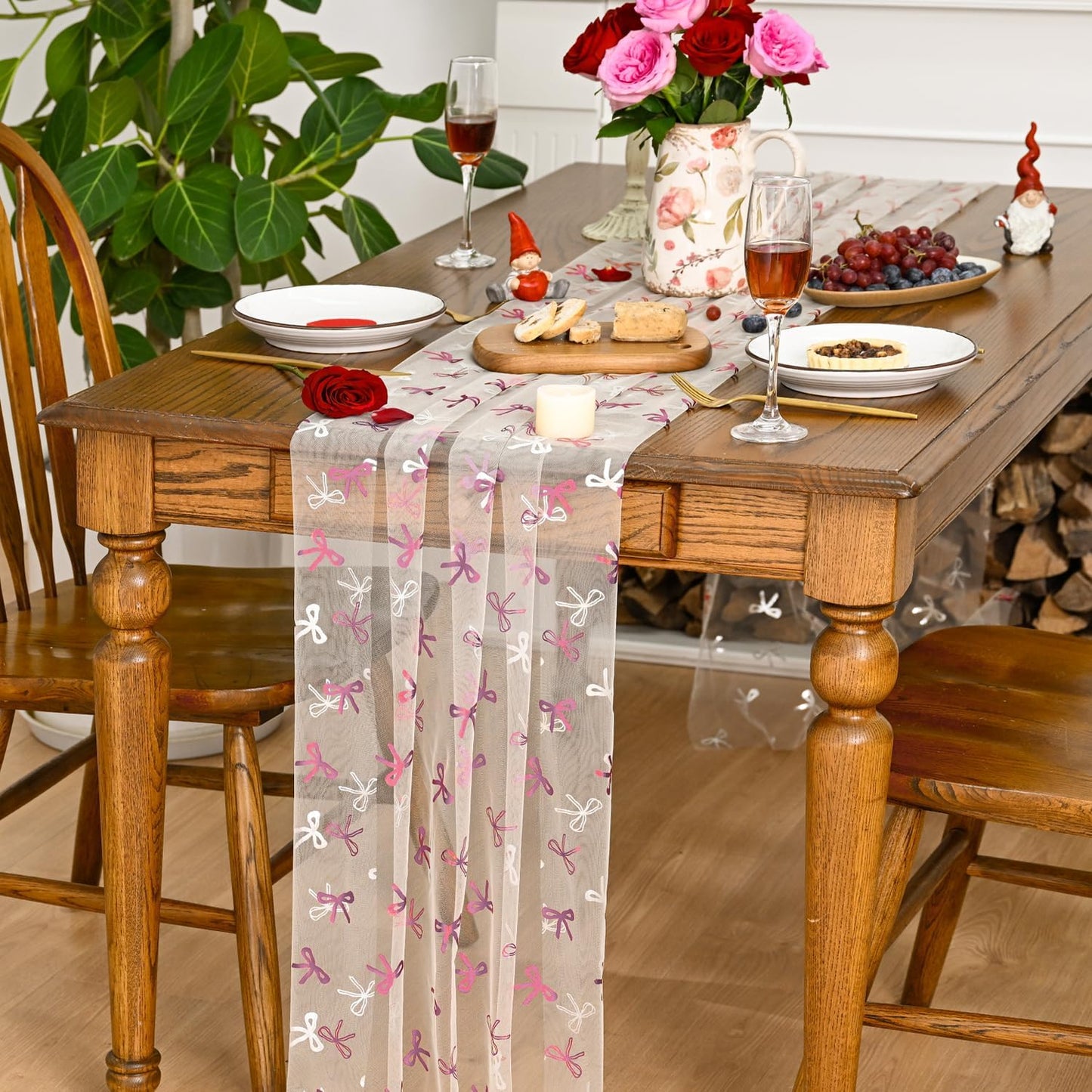 Artoid Mode Pink Bow Beige Gauze Table Runner 120 Inch 10FT,Glitter Metallic Foil Valentine’s Day Sheer Dining Anniversary Wedding Table Decor for Home Party