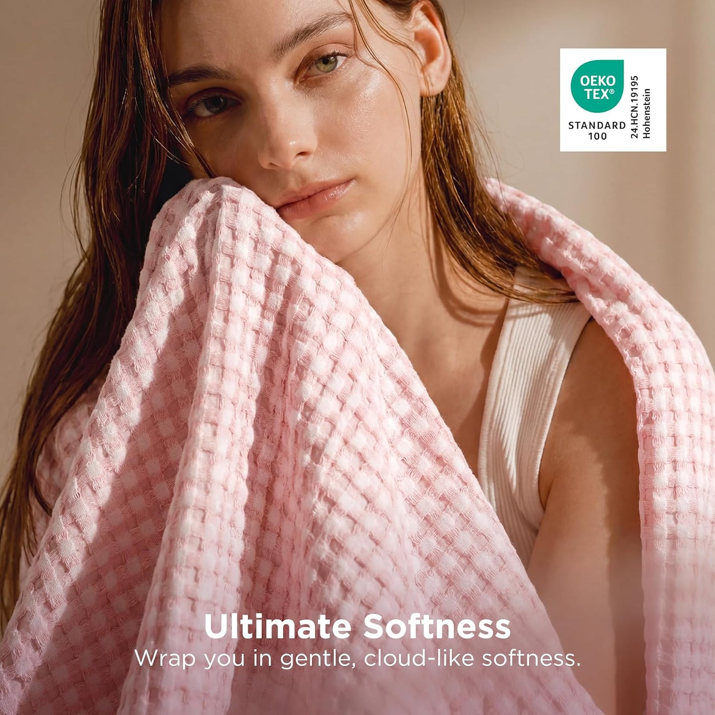 Bedsure Cooling Cotton Waffle Queen Size Blanket - Lightweight Breathable Blanket of Rayon Derived from Bamboo for Hot Sleepers,Spring Pink, 90x90 Inches