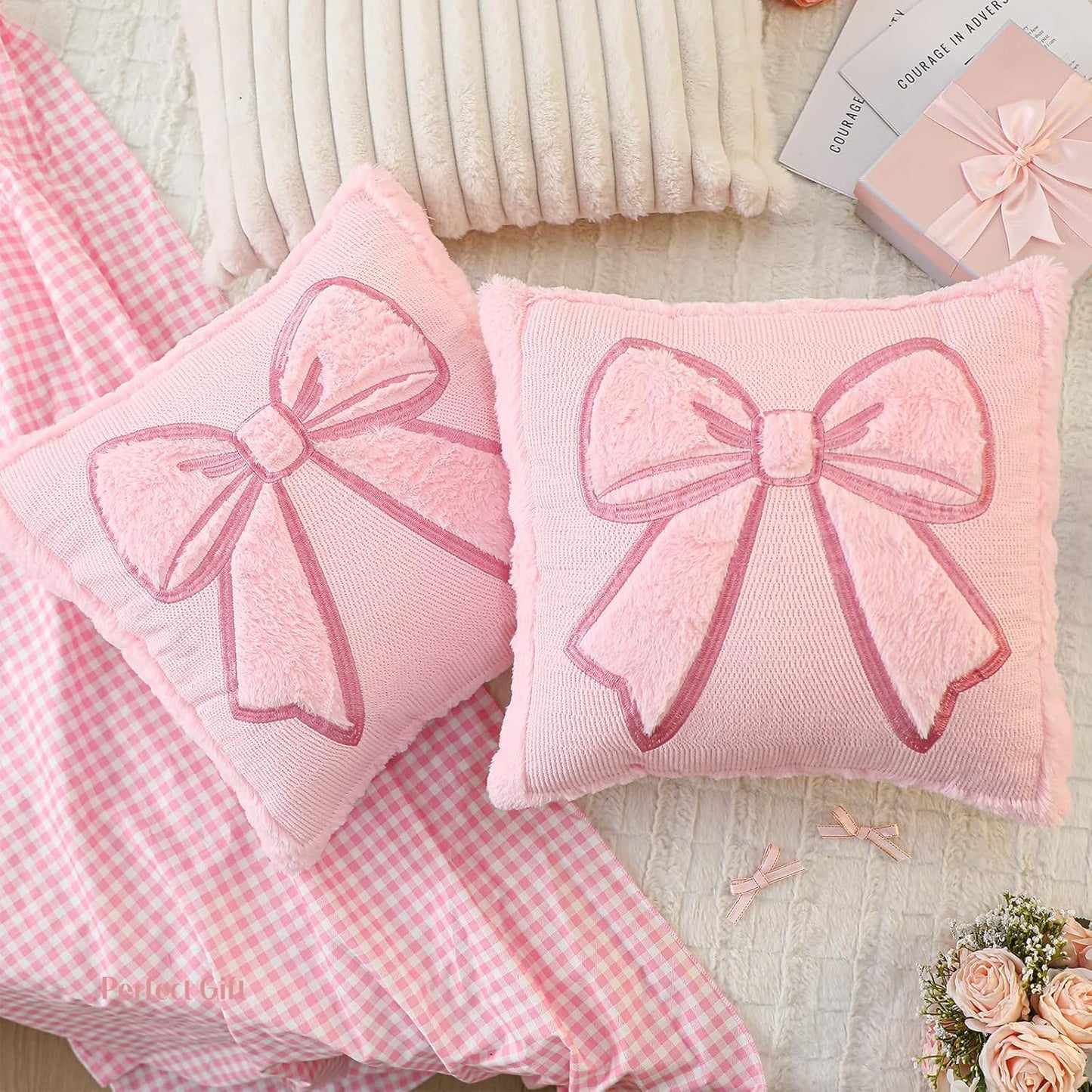 Gilprop Pink Bow Pillow Covers 18x18 Set of 2 Embroidered Coquette Preppy Room Decor Decorative Cute Faux Fur Soft Bowknot Aesthetic Pillow Cover Valentine's Pillowcase for Bed Couch Dormitories Decor