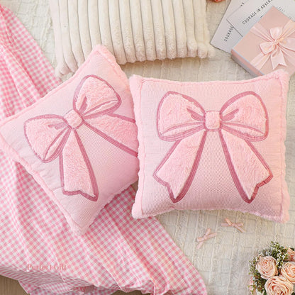 Gilprop Pink Bow Pillow Covers 18x18 Set of 2 Embroidered Coquette Preppy Room Decor Decorative Cute Faux Fur Soft Bowknot Aesthetic Pillow Cover Valentine's Pillowcase for Bed Couch Dormitories Decor