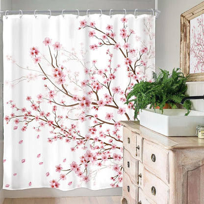 Cherry Blossom Plum Asian Shower Curtain Japanese Weeping Flower 60Wx72H Inch Sakura Pink Floral Watercolor Cute Branch Ink Scenery Waterproof Polyester Fabric Bathroom Bathtub