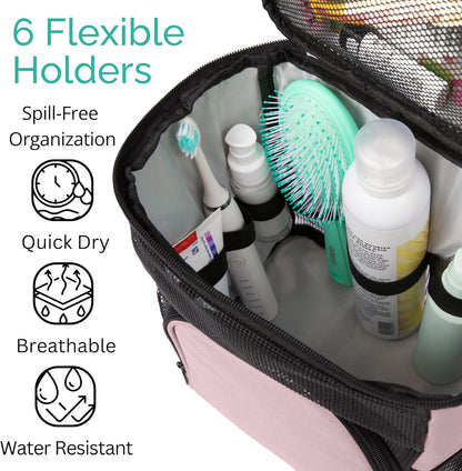 TERRA HOME College Dorm Room Essentials for Girls - Original Shower Caddy Dorm - Portable, Durable, Roomy, Foldable Water Resistant Shower Bag in Light Pink with Metal Hook for Hanging (Blush Pink)
