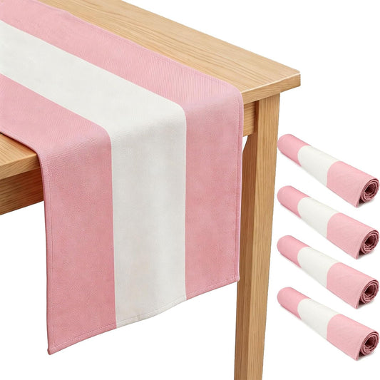 4PCS Pink and White Striped Tablecloth Table Runner, Picnic Decorations | Reusable Smooth Drape Wrinkle Resistant Fade Resistant, Pink Linen Table Runner, Dining Room Home Decor (13 x 72 IN)