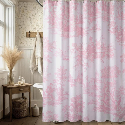 Frienda Toile De Jouy Pink and White Shower Curtain for Coquette French Country Bathroom Decor Vintage Cottagecore Chateau Toile Pattern 72x72 Inches Home Bath Accessories