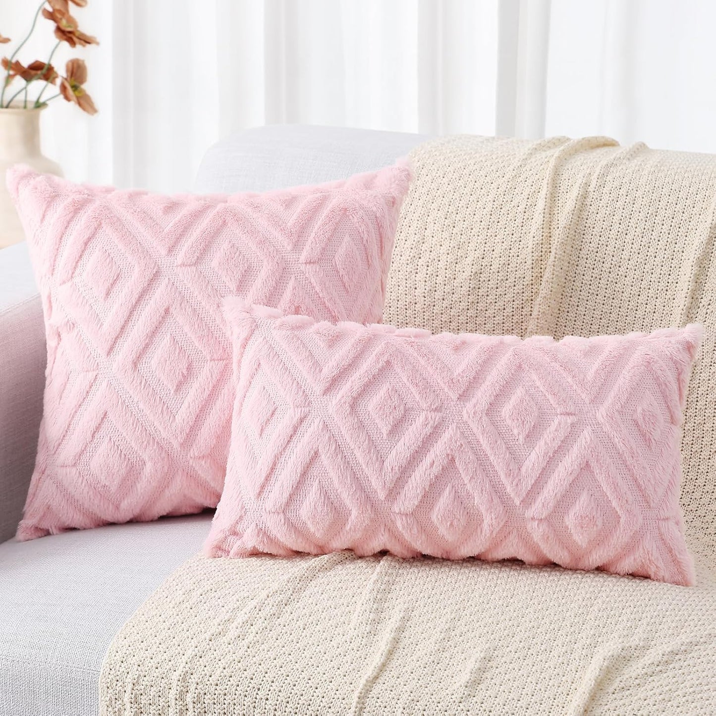 decorUhome Summer Couch Throw Pillow Covers 18x18 Set of 2, Decorative Soft Plush Faux Fur Wool Accent Pillow Covers for Modern Farmhouse Bed Sofa Living Room, Light Pink