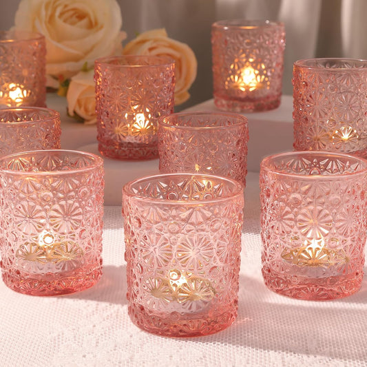 Lanttu 12 Pcs Pink Votive Candle Holders 2.2ʺ*2.6ʺ Tealight Candle Holders | for Wedding Table Centerpieces, Birthday Parties, Anniversary, Pink Bridal Shower and Holiday Decorations