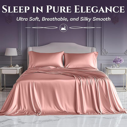 SLEEP SANCTUARY Satin Sheets King Size – 4 Piece Luxury Silky Bed Set, Softer Than Silk, 15" Deep Pocket, Cooling & Wrinkle-Free, Moisture-Wicking & Breathable for Hair & Skin (Blush Pink)