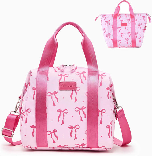 Lunch Bag Women Insulated Lunch Box,Cute Large Lunch bags,Reusable Leakproof Cooler Bag with Adjustable Shoulder Strap, Aesthetic Lunch Tote for Work Office Picnic Pink bow