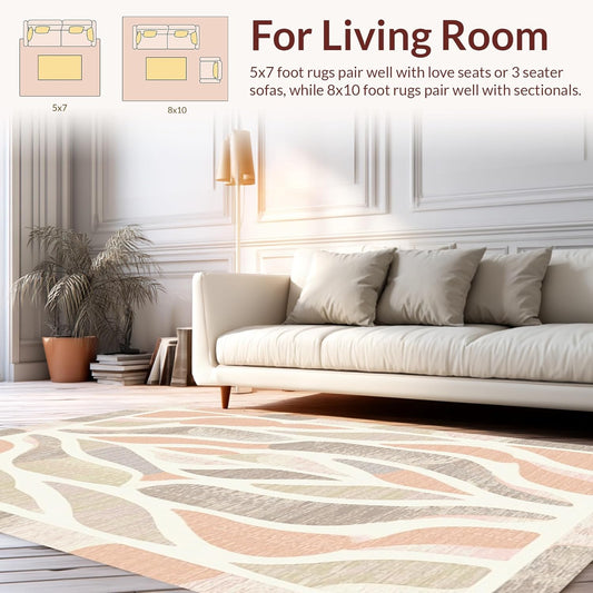Flatwoven High Traffic Area Rug 4x6, Dynamic Arc Motif with Fluid Lines and Playful Rhythm Design, Non Slip, Stain Resistant, Washable Area Rugs for Living Room, Bedroom (Peach, 4x6)