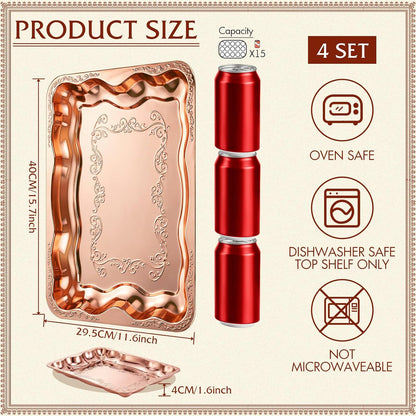 FoldTier 4 Pack Serving Trays Set for Party, Butterfly Floral Bronze Platter Engraved Mirror Tray, 15.8 x 11.6 Inches Elegant Metal Plate for Food Appetizer Cookies Desserts (Rose Gold)