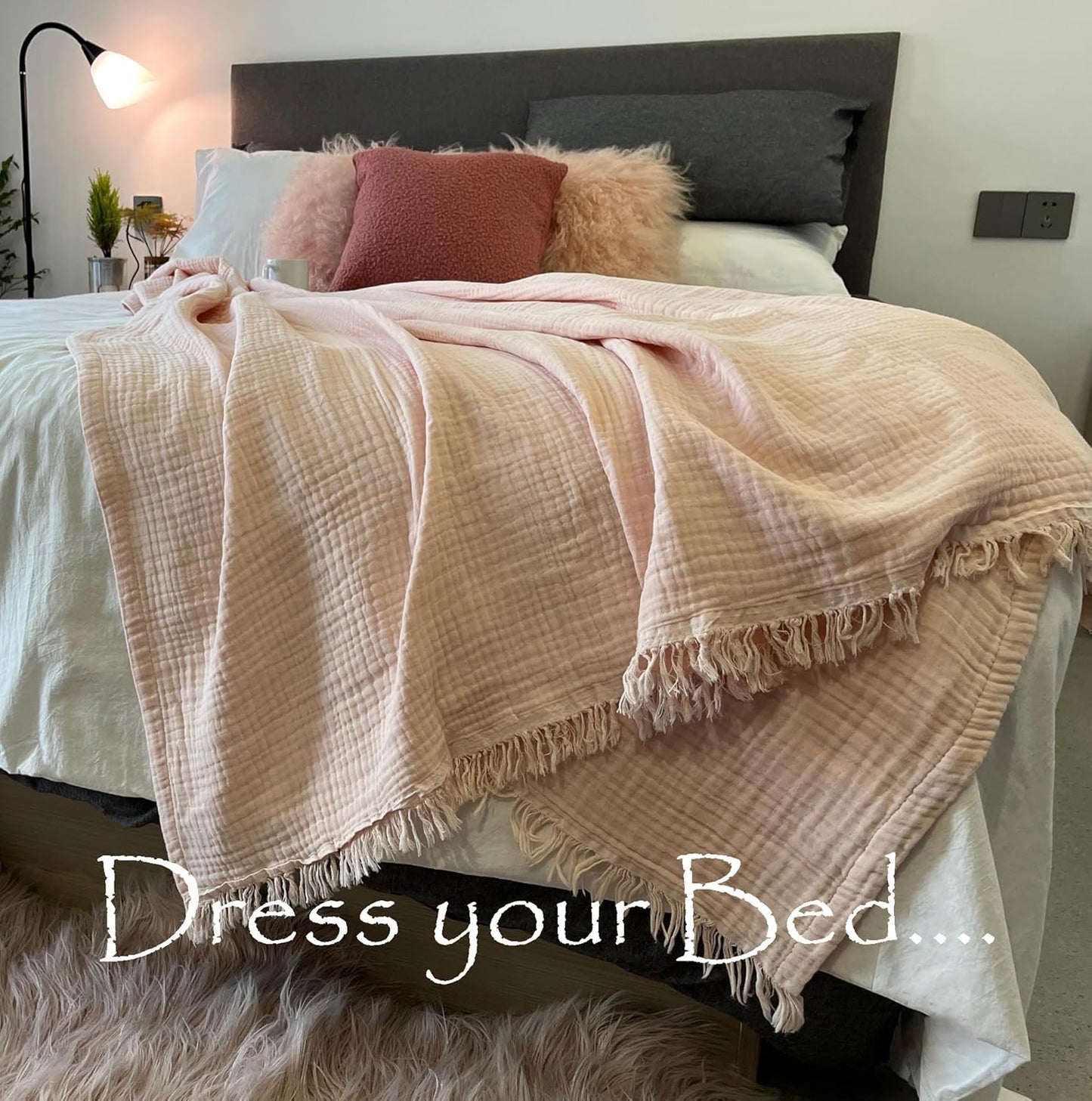 KyraHome 100% Organic Cotton Muslin Blankets for Adults, Girls, 60"x80", Plant Dyed, Breathable Lightweight Gauze Summer Throw Blankets for Couch, Napping, All Season (Soft Pink)