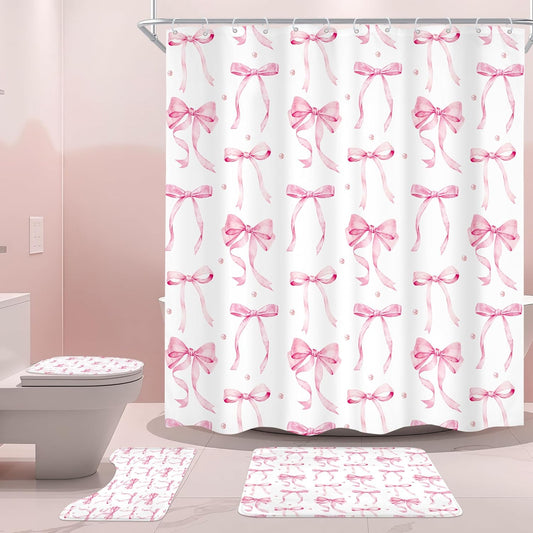 4Pcs Pink Bow Shower Curtain Set, Retro Coquette Vintage Girly Preppy Cute Fashion Pretty Sweet Bathroom Curtain with Rug, Toilet Lid Cover, Bath Mat, Aesthetic Shower Curtain with 12 Hooks