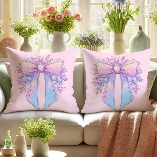 Pastel Bow Pillow Covers Set of 2, Peach Floral Decorative Throw Pillows, Spring Easter Home Decor Cushion Cases for Sofa Couch 20x20 Inch