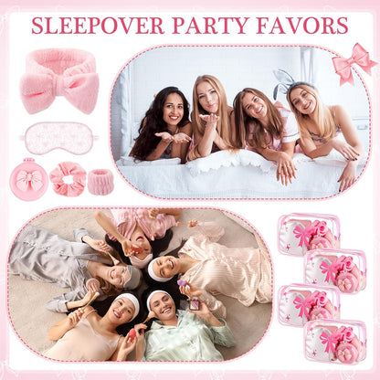 Honeydak 48 Pcs/ 8 Set Pink Bow Coquette Party Favors for Sleepover Spa Party Supplies Trip Weekend Girls Gifts, Folding Hairbrush with Mirror Eye Mask Headband Wristband Scrunchie Makeup Bag