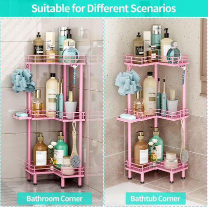 HapiRm Corner Shower Caddy Standing - 3 Tier Shower Organizer Corner with Soap Holder, Rustproof Bathroom Standing Organizer with 4 Hooks, Pink