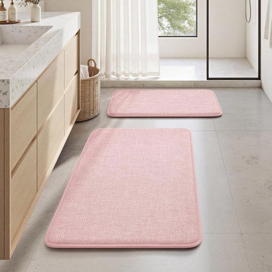 HOMEIDEAS Memory Foam Bathroom Rugs Set 2 Piece, Ultra Absorbent Quick Dry Bath Mats, Linen-Like Boho Bathroom Rug Set for Bath Floor, Shower & Tub (Pink, 32"x20" + 24"x17")