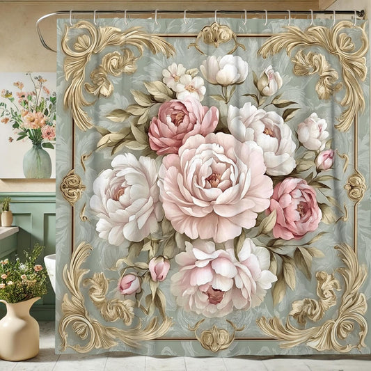 Floral Shower Curtain, Vintage Peach Peony Flower Bath Curtain for Bathroom Decor, Spring Summer Elegant Watercolor Waterproof Fabric Shower Curtain Set with Hooks 72x72 Inch