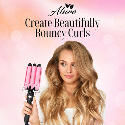 Alure Three Barrel Curling Iron Wand Hair Waver with LCD Temperature Display - 1 Inch Ceramic Tourmaline Triple Barrels, Dual Voltage Crimp