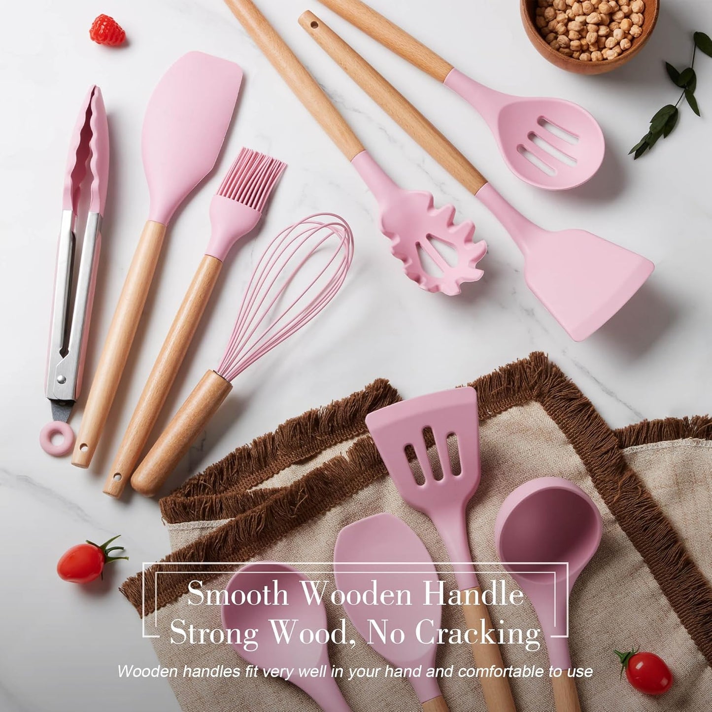 Silicone Kitchen Utensils Set, LIANYU 15-Piece Heat Resistant Cooking Utensils with Holder, Cooking Kitchen Gadgets Tools for Nonstick Cookware, Wooden Handle, Pink