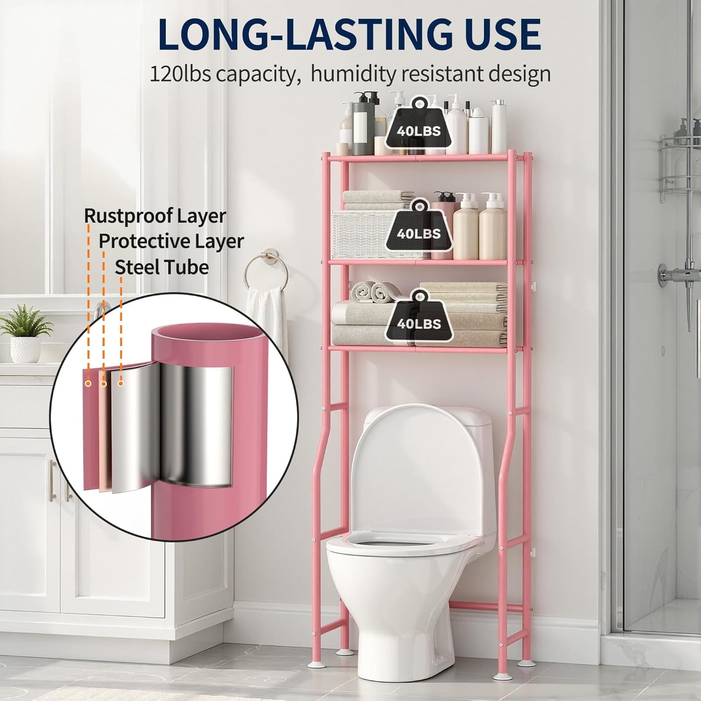 GloTika 3-Tier Over Toilet Storage Rack, Metal Over Toilet Bathroom Organizer Shelf, Freestanding Space Saver Storage Shelves for Bathroom/Laundry/Living Room (Pink)