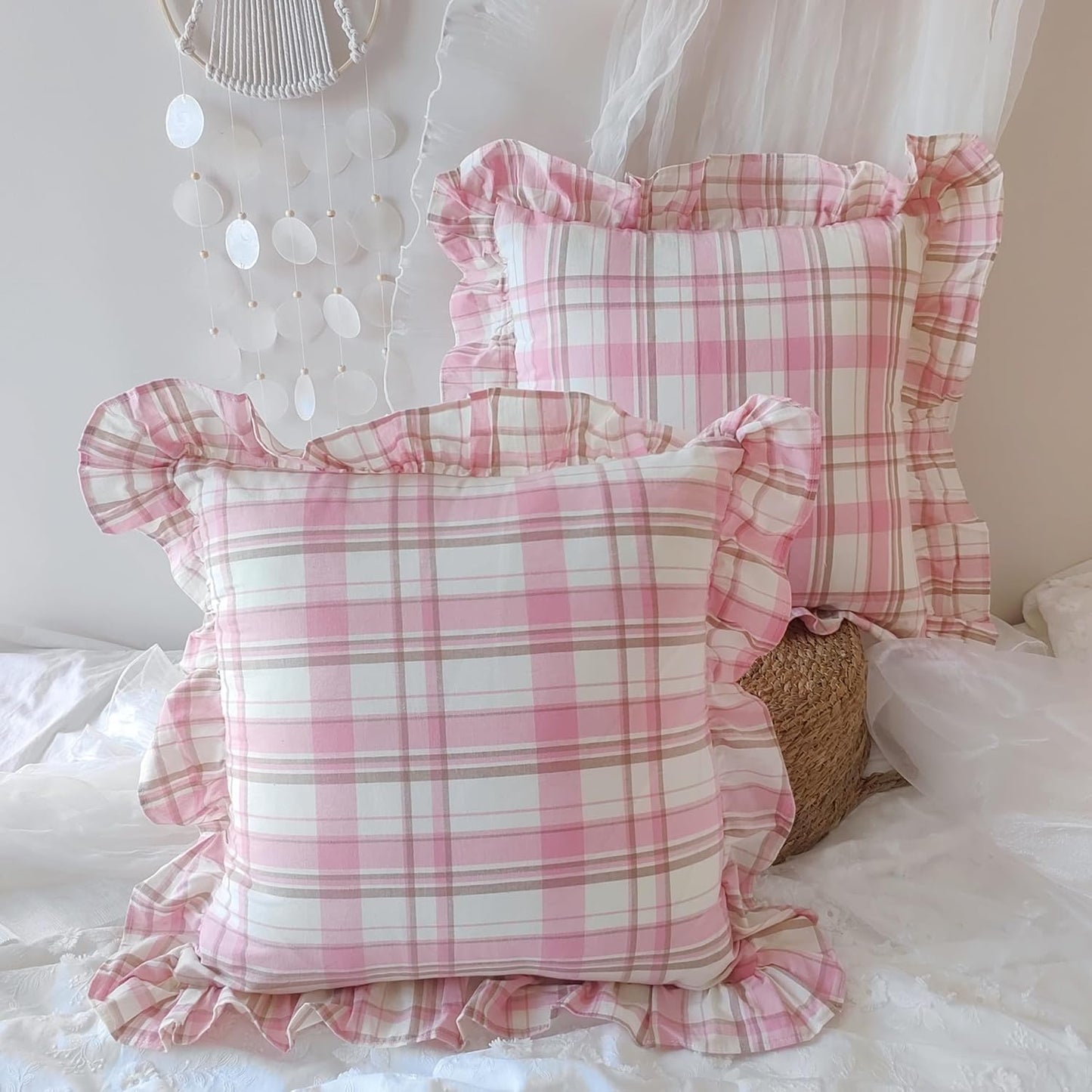 Pink Plaid Throw Pillow Covers, 100% Cotton Ruffle Edge Cushion Covers, Farmhouse Shabby Decorative Chic Pillowcases for Living Room Sofa Bedroom Girls Room, 18x18 Inch Set of 2