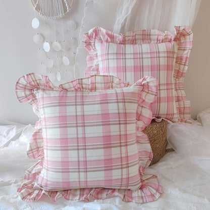 Pink Plaid Throw Pillow Covers, 100% Cotton Ruffle Edge Cushion Covers, Farmhouse Shabby Decorative Chic Pillowcases for Living Room Sofa Bedroom Girls Room, 18x18 Inch Set of 2
