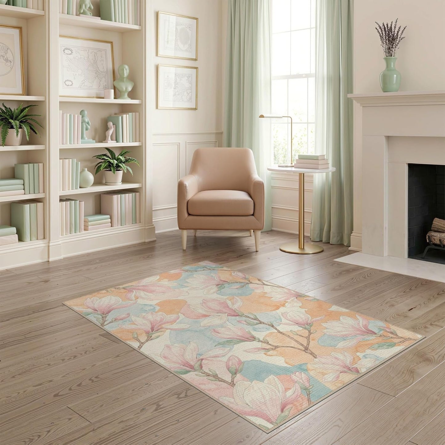 4'x6' Washable Flatwoven Rug, Peach Contemporary Floral Easy Care Throw Carpet for Dorm Room, Small Living Room, Apartment, Stain Resistant Low Profile Floor Covering | Ref:2037847