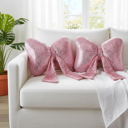 2 Pcs Pink Bow Pillow Bow Shaped Decorative Throw Pillow Soft Cute Cushion for Bed Couch Living Room Decor Women Gift (Sequins,11.5 x 9 Inch)