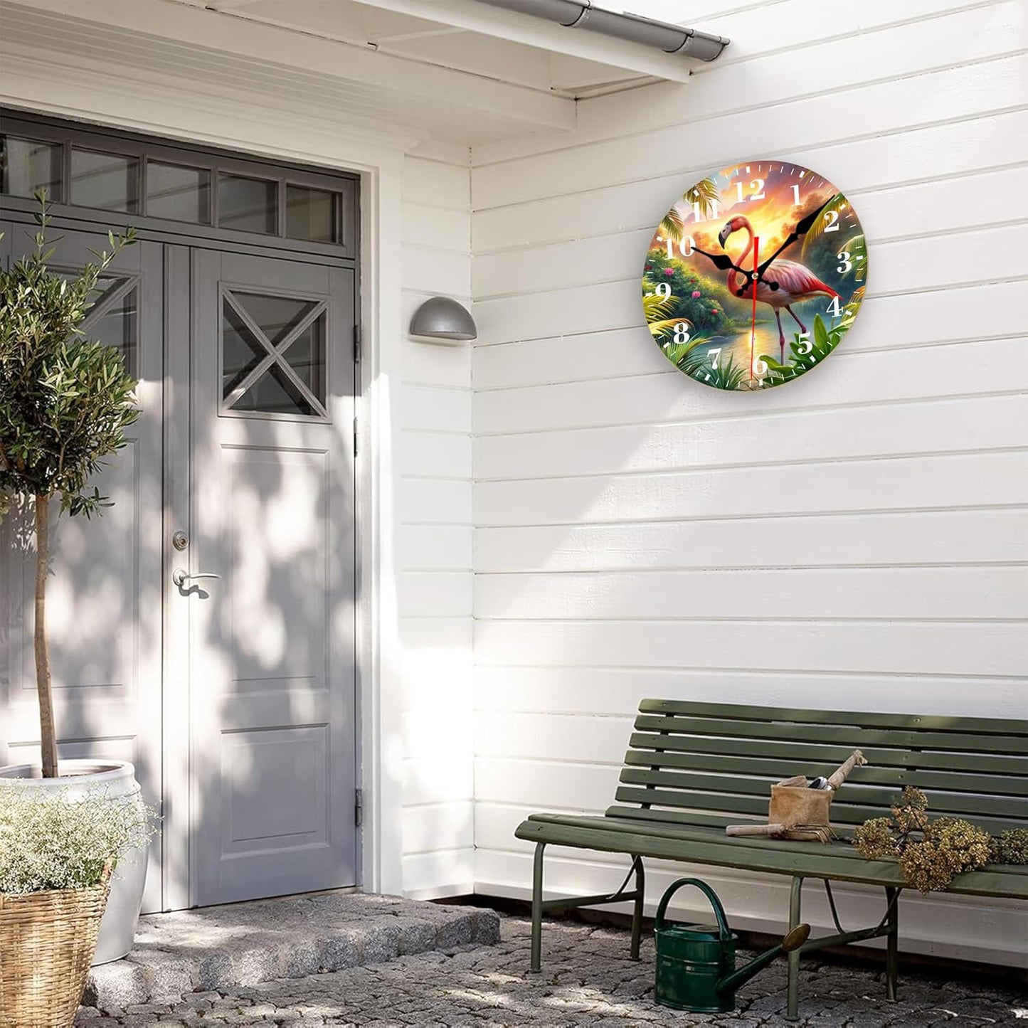 Wall Clock, Summer Pink Flamingo Silent Non Ticking Battery Operated Round Decorative Indoor Outdoor Clocks for Living Room Kitchen Bedroom Bathroom Patio 12"