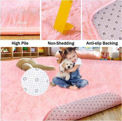 Rezutan Ultra Soft Pink Rugs for Bedroom 8x10 Feet, Fluffy Shag Area Rugs for Living Room, Large Comfy Furry Rug for Girls Kids Baby Room Decor Teenage Pastel Princess Rug, Non Slip。