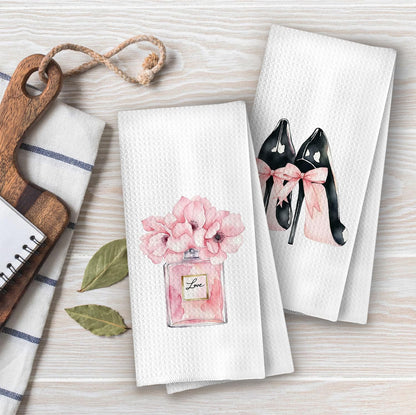 Coquette Girly Bathroom Towels Set - Trendy Preppy Perfume High Heels Decorative Waffle Hand Towels for Girls Dorm Powder Room, Pink and Black Bathroom Decor, 16x24 Inch Set of 2