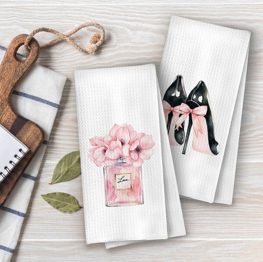 Coquette Girly Bathroom Towels Set - Trendy Preppy Perfume High Heels Decorative Waffle Hand Towels for Girls Dorm Powder Room, Pink and Black Bathroom Decor, 16x24 Inch Set of 2