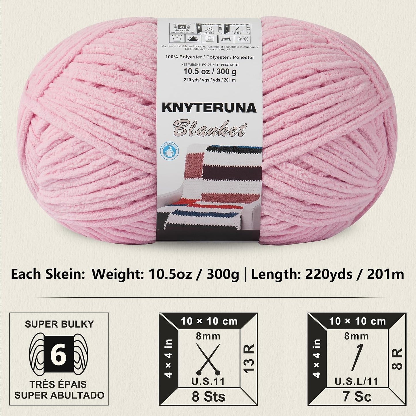 #6 Super Bulky Blanket Yarn for Crocheting - 4 Skeins(Each 10.5oz/300g, 220yds/201m), Chunky Chenille Thick Plush Big Soft Yarn for Crocheting Knitting Blankets, Pink