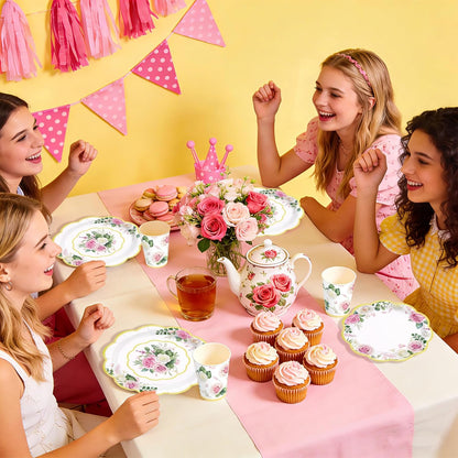 250Pcs Floral Tea Party Supplies Pink Floral Scalloped Plates Napkins Cups Pink Flower Garden Tableware Set for Spring Wedding Bridal Shower Baby Shower Garden Tea Party Decorations Serves 50