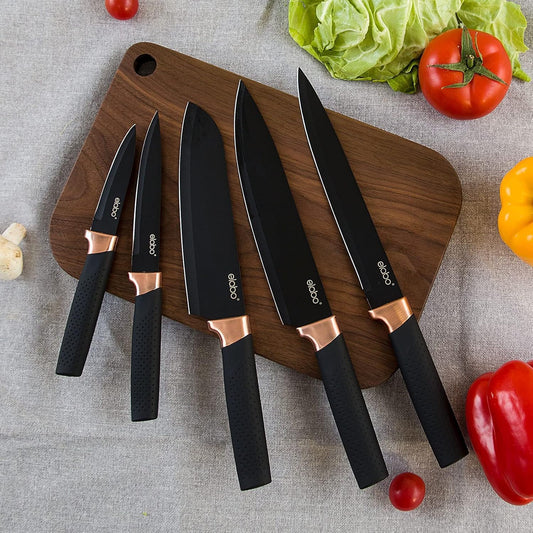 elabo 6 Piece Kitchen Knife Set – Premium Stainless Steel Knife Set with Block, Knives Set for Kitchen, Sharp Knife Block Set with Non-Stick Coating, Dishwasher Safe, Space-saving, Rose Gold