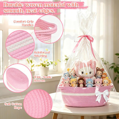 LuxDuo 3 Set Pink Basket for Gift Empty,13"x 6"x 7" Woven Basket with Gift Bag & Cards,Bow Basket with Ribbons & Tulle for Wedding,Graduation,Gifts,Girls,Party Favors & Home Storage