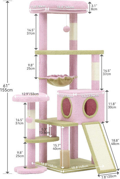 YITAHOME 61" Flower Cat Tree, Cat Tree Cute with Large Metal Frame Hammock, Silicone Tickling Column, Cat Scratched Board, 3 Sisal Scratching Posts, Aesthetic Cat Tower with Condo and Perches