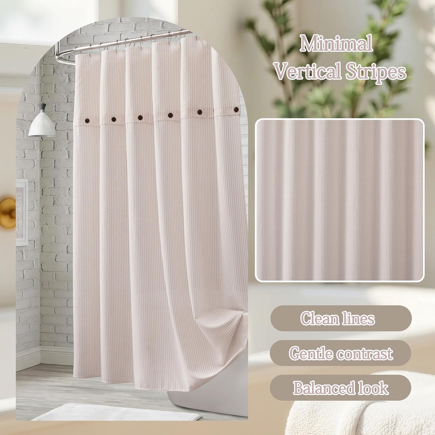 Homechoice Decor Fabric Shower Curtain 72 x 72 Inch, Minimal Pink Stripe Bathroom Curtain, Linen-Look Poly-Cotton Blend with Decorative Coconut Buttons, Warm, Cozy Accent with a Gentle Touch (LQ-45)