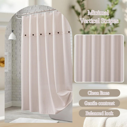 Homechoice Decor Fabric Shower Curtain 72 x 72 Inch, Minimal Pink Stripe Bathroom Curtain, Linen-Look Poly-Cotton Blend with Decorative Coconut Buttons, Warm, Cozy Accent with a Gentle Touch (LQ-45)