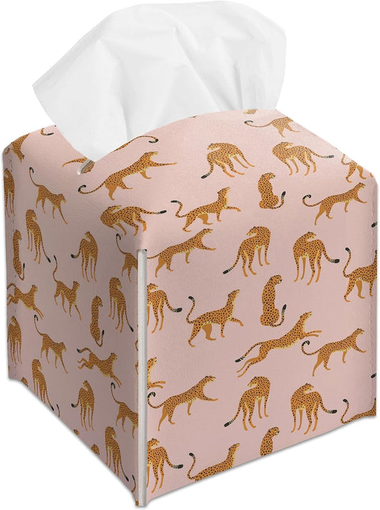 Pink Cheetah Decorative Square Leather Tissue Box Cover - Tissue Holder Gifts for Women Family and Friends Funny Unique for Home Decor Decorative for Kids Room Kitchen Bathroom Office - A28