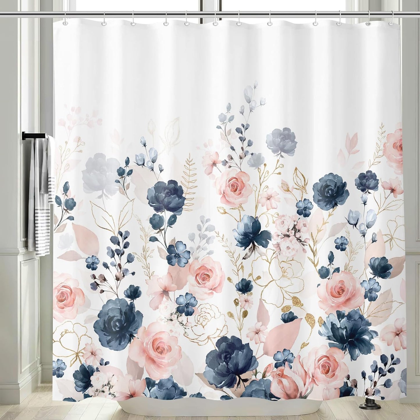 Navy Blue and Pink Floral Shower Curtain, Waterproof Fabric Watercolor Flowers Bathroom Shower Curtain with 12 Hooks, 72 x 72 Inch