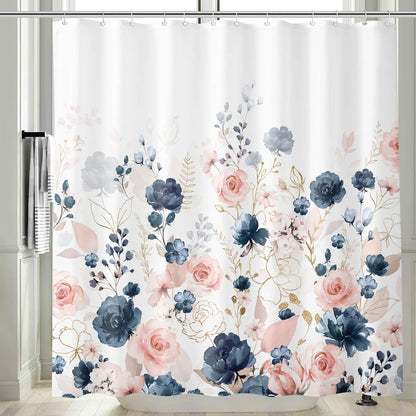 Navy Blue and Pink Floral Shower Curtain, Waterproof Fabric Watercolor Flowers Bathroom Shower Curtain with 12 Hooks, 72 x 72 Inch