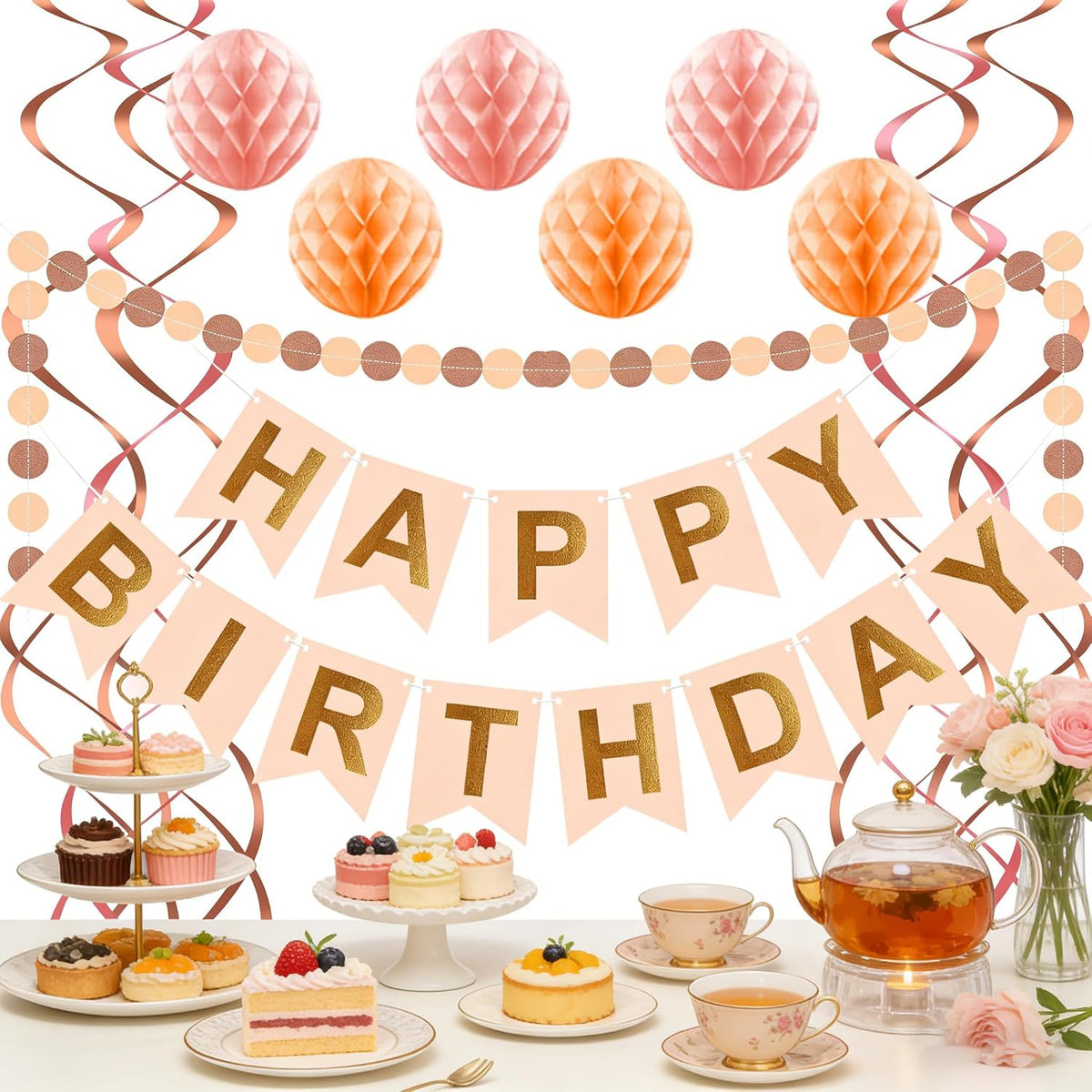 Pink Peach Birthday Decorations - Happy Birthday Banner Peach Birthday Party Decorations, Pink birthday Supplies Birthday Party Decorations for Women Girls