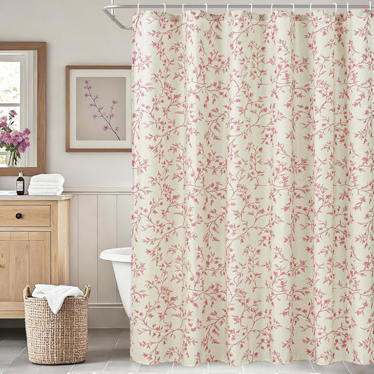 Pink Floral Shower Curtain 72x72, Lightweight Faux Linen Bathroom Curtains, Twiggy Leaves Botanical Cottagecore Farmhouse Decor, Water Repellent Fabric