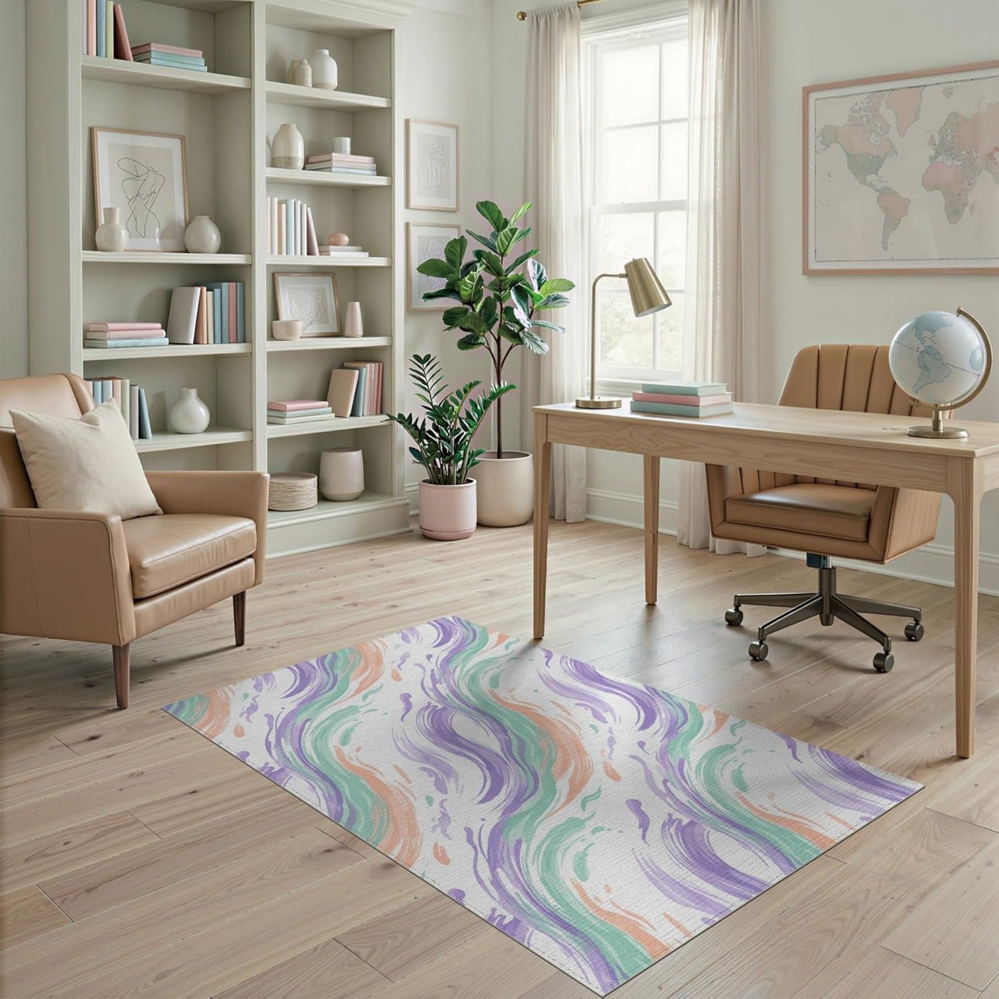 4'x6' Washable Modern Swirl Area Rug, Peach Flatwoven Floor Mat Non-Slip Chair-Friendly Carpet for Home Office, Gaming Room, Under Desk | Ref:2121374