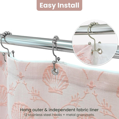 Fabric Shower Curtain Set with Detachable Liner, Matelasse Jacquard Coastal Pattern, Metal Hooks Included, Water-Repellent, 4 Hem Magnets, Shell Pink, 72 x 84 Inch