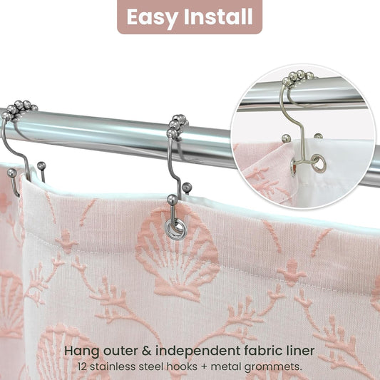 Fabric Shower Curtain Set with Detachable Liner, Matelasse Jacquard Coastal Pattern, Metal Hooks Included, Water-Repellent, 4 Hem Magnets, Shell Pink, 72 x 84 Inch