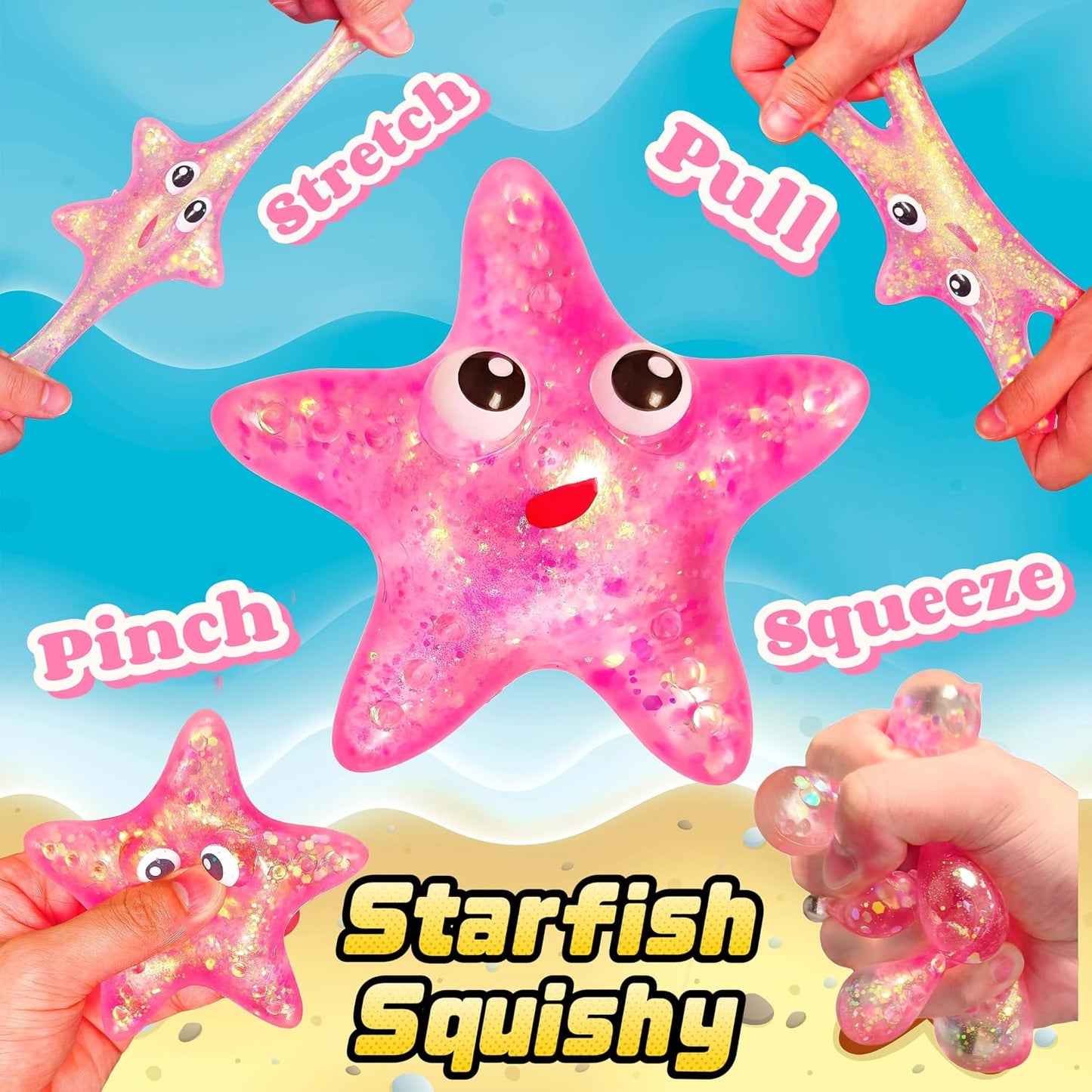 1Pcs Squishy Starfish Sugar Stress Balls Squeeze Fidget Toys for Girls and Boys Cute Anxiety Relief Starfish Toys Squishy Stress Balls for Kids and Adults Birthday Party Favors(Pink)